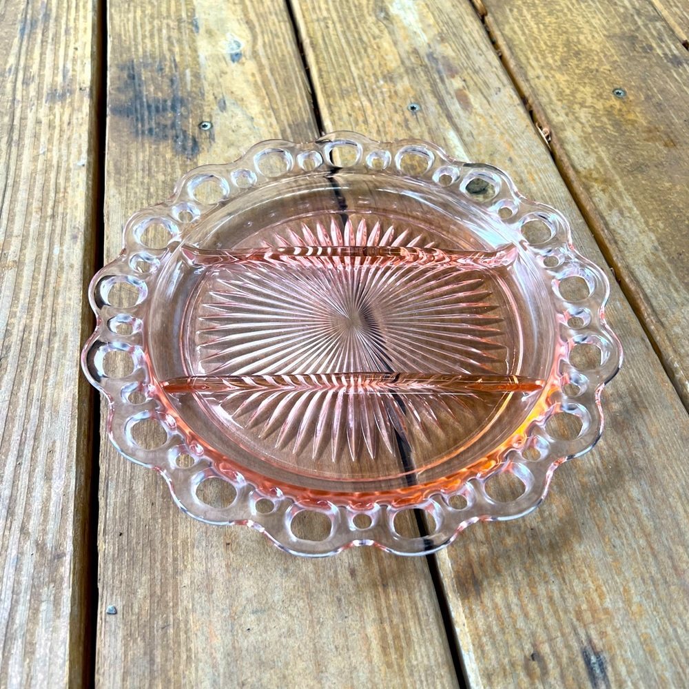 Pink Depression Glass relish plate